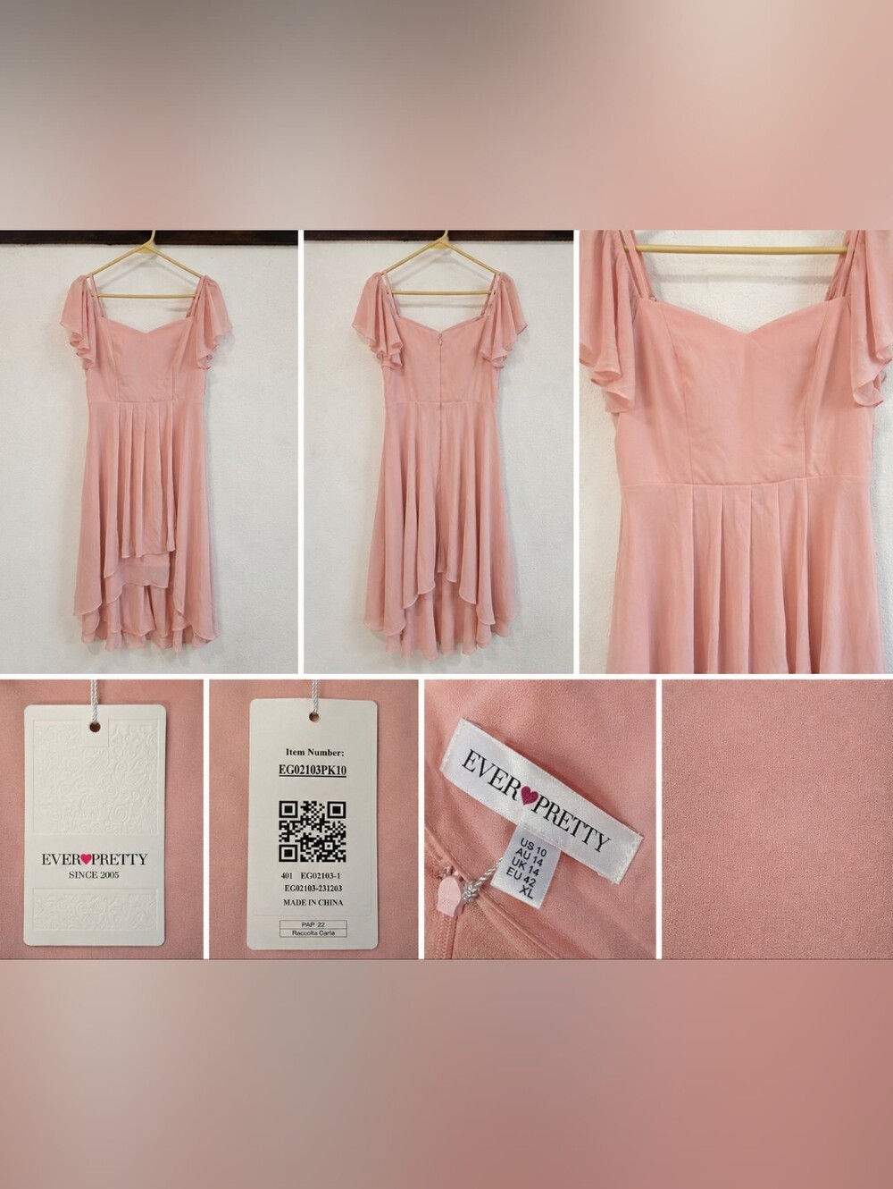 Ever-Pretty Pink Chiffon High Low Flutter Sleeve Dress Size 10 XL NWT
